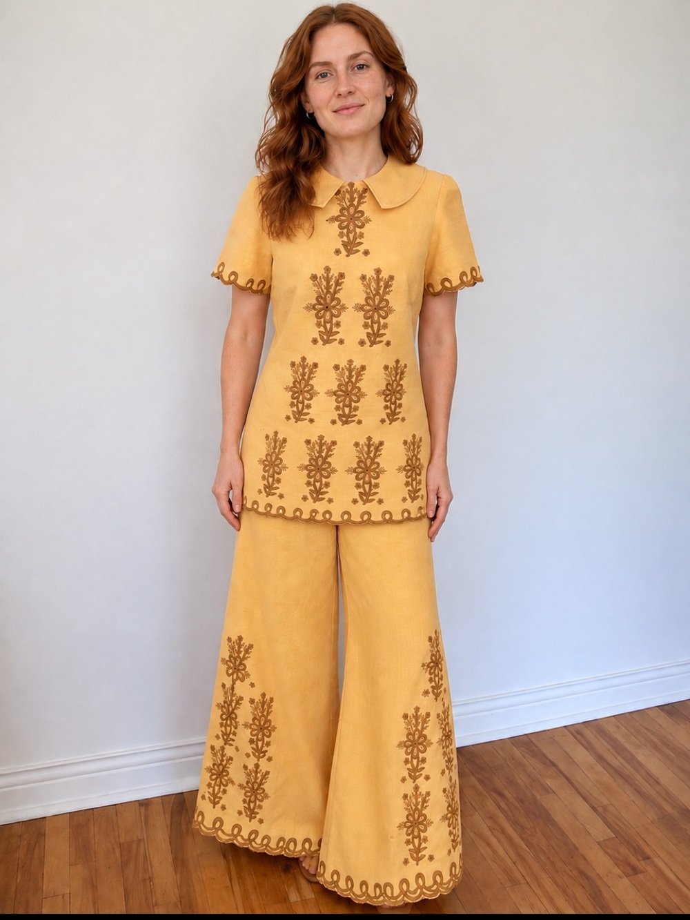 Vintage Embroidered Linen Wide-Leg Pants Set